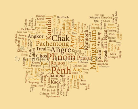 Cambodia typography map art print town names