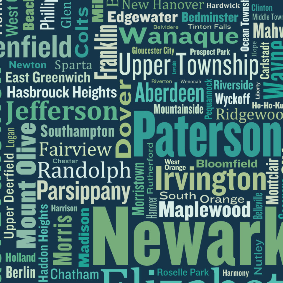 New Jersey typography map art print town names