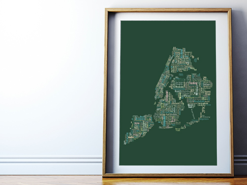 New York City typography map art print town names