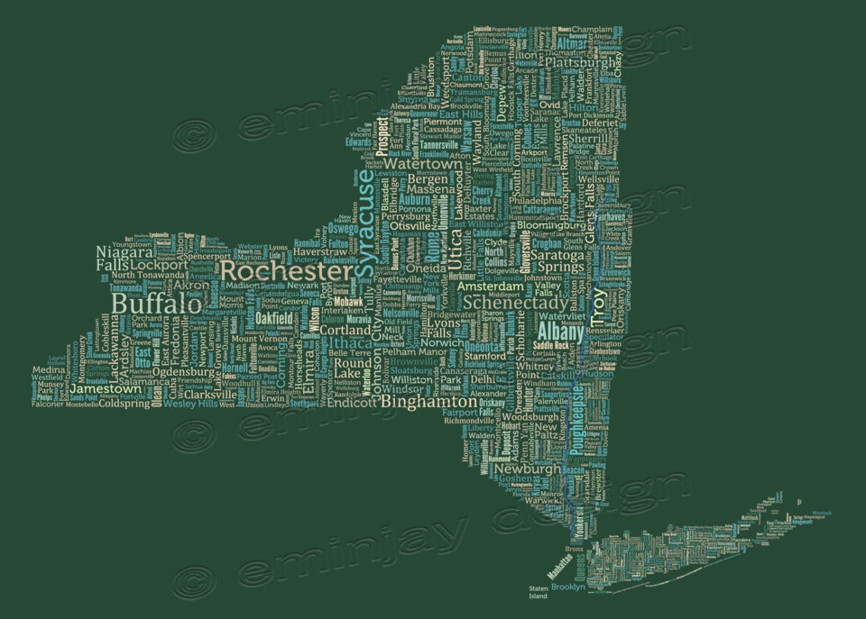 New York State typography map art print town names