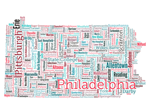 Pennsylvania typography map art print town names