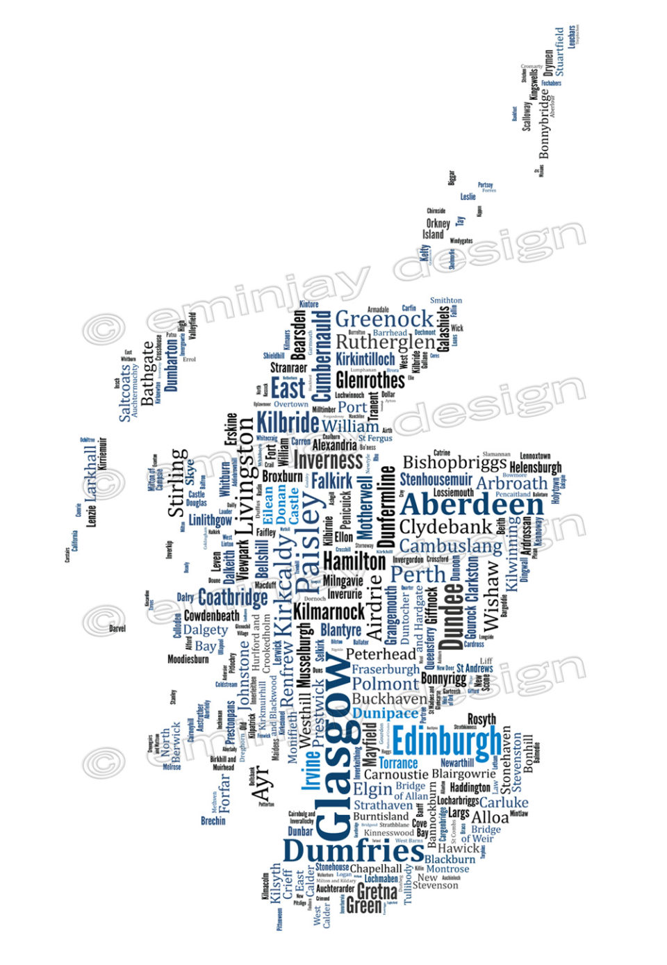 Scotland typography map print town names
