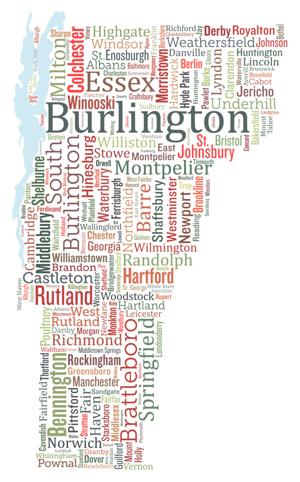 vermont typography map print town names