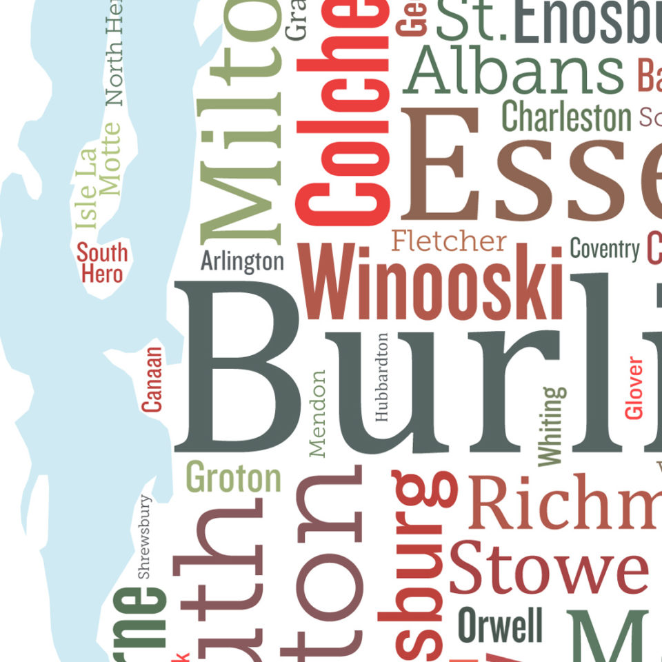 vermont typography map print town names
